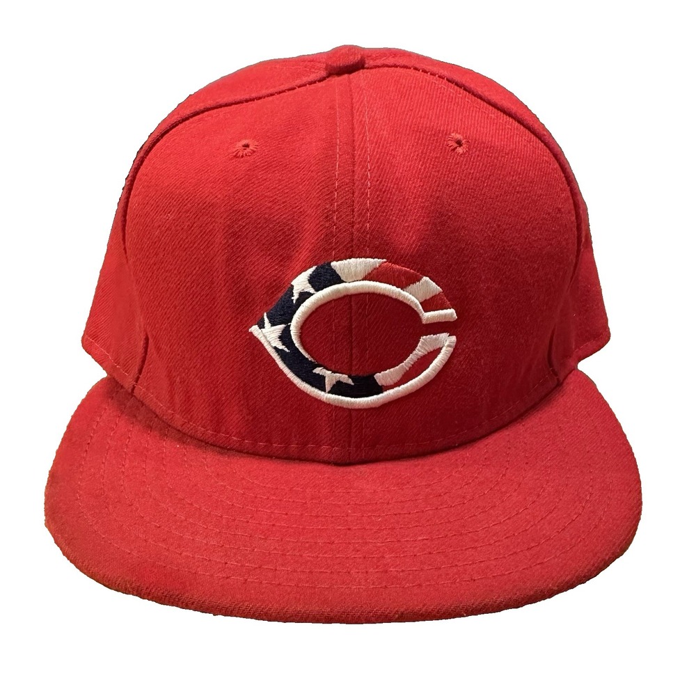 Cincinnati Reds Hat Cap Fitted Mens 7 1/2 Red Flag 4th Of July Baseball New Era‎